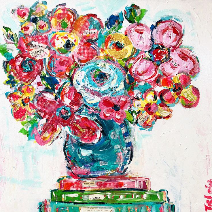 Abstract painting of colorful flowers in teal vase with expressive brushstrokes