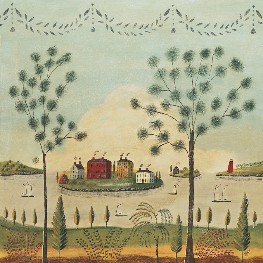 Folk art painting of island village with red buildings, trees, and sailboats
