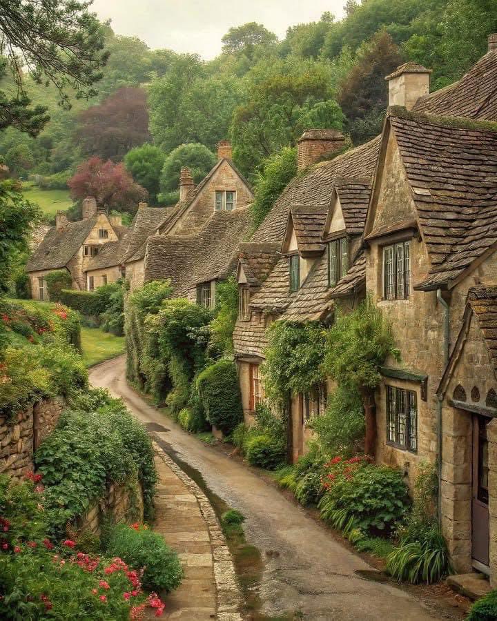 Narrow cobblestone lane flanked by old stone cottages with climbing ivy in an English village