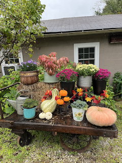 Autumn Cart with Pumpkins and Flowers