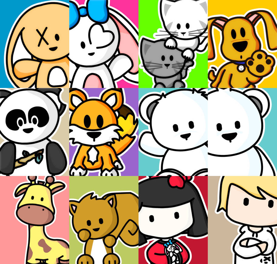Grid collage of cute cartoon animal and human characters with simple faces on colorful backgrounds