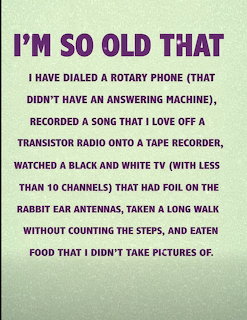 Green text graphic with purple lettering reading 'I'm so old that' followed by a nostalgic humorous list.