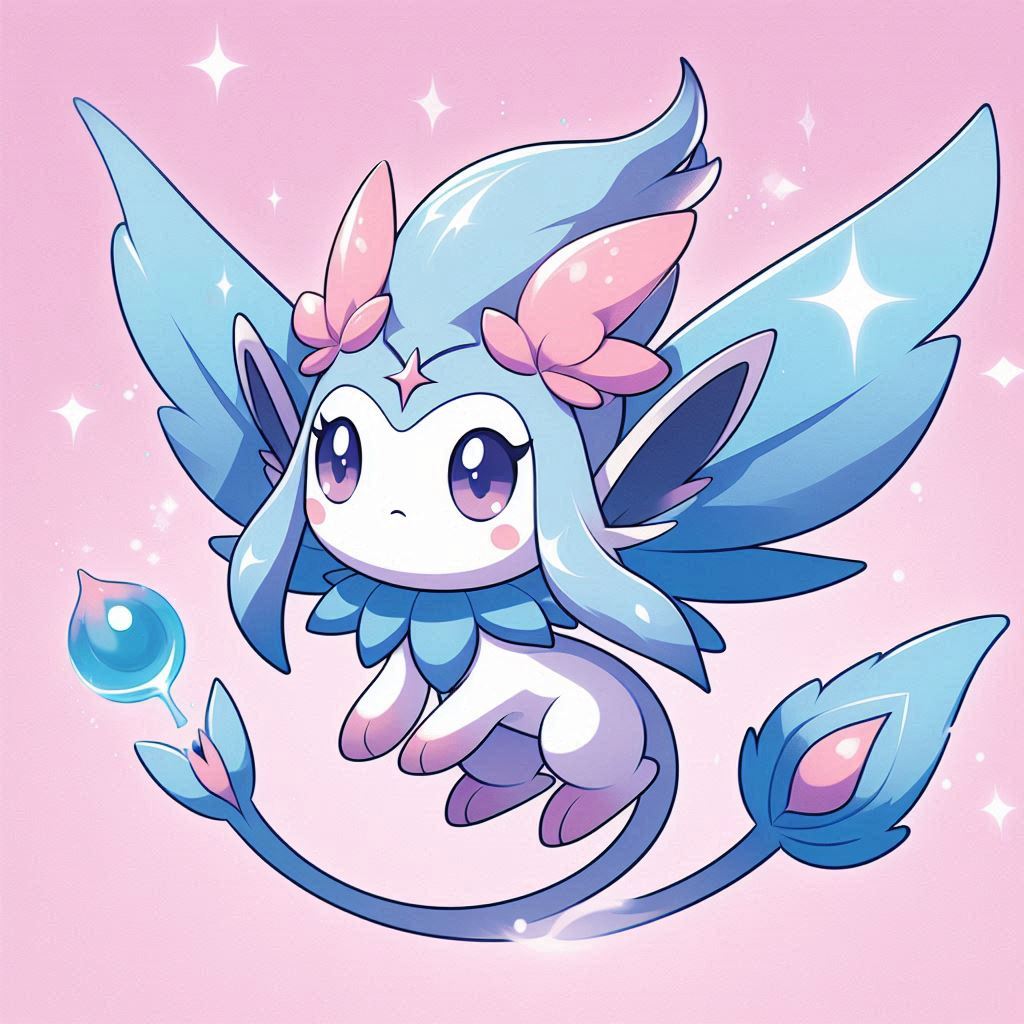 Illustrated fairy pokemon with blue wings and pink details on pastel background