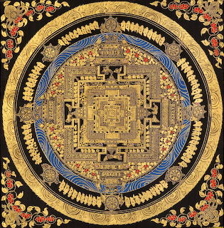Ornate golden mandala with geometric palace design, blue decorative rings, and colorful floral corner motifs on black background