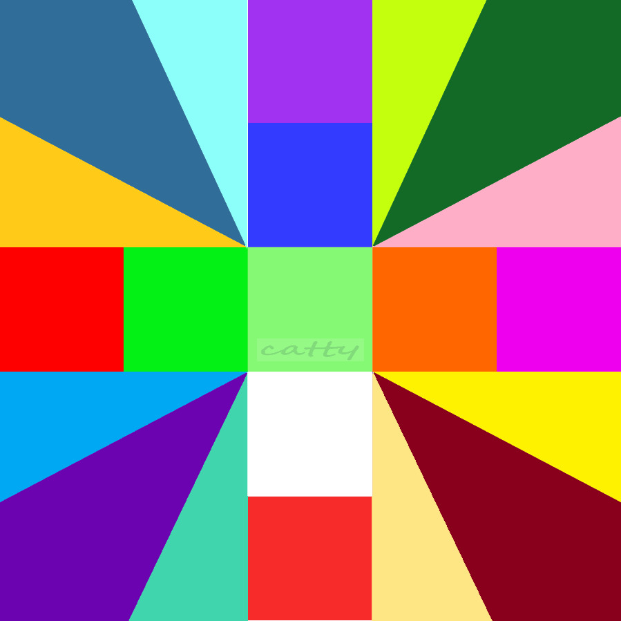 Colorful geometric pattern with blocks and triangles radiating from center in rainbow colors