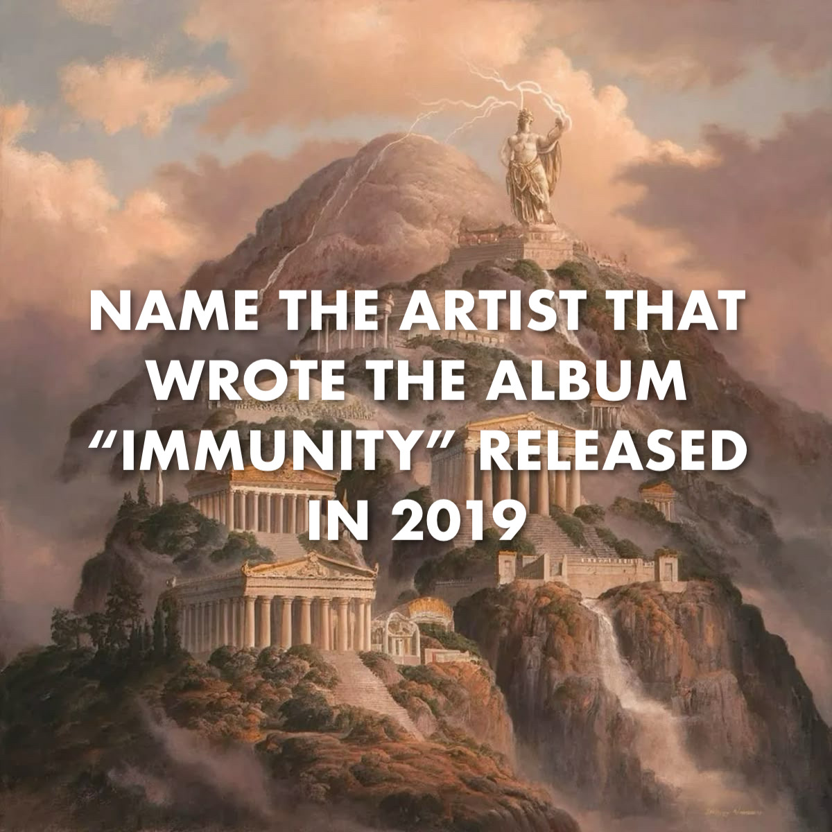 Painting of a Greek temple on a mountaintop with a golden statue and clouds