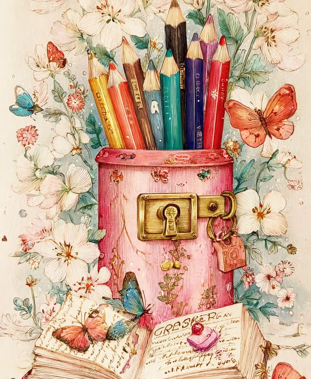 Illustration of colored pencils in a pink vintage tin with flowers, butterflies, and a book