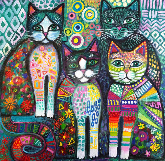 Five decorative cats with colorful geometric and floral patterns in folk art style
