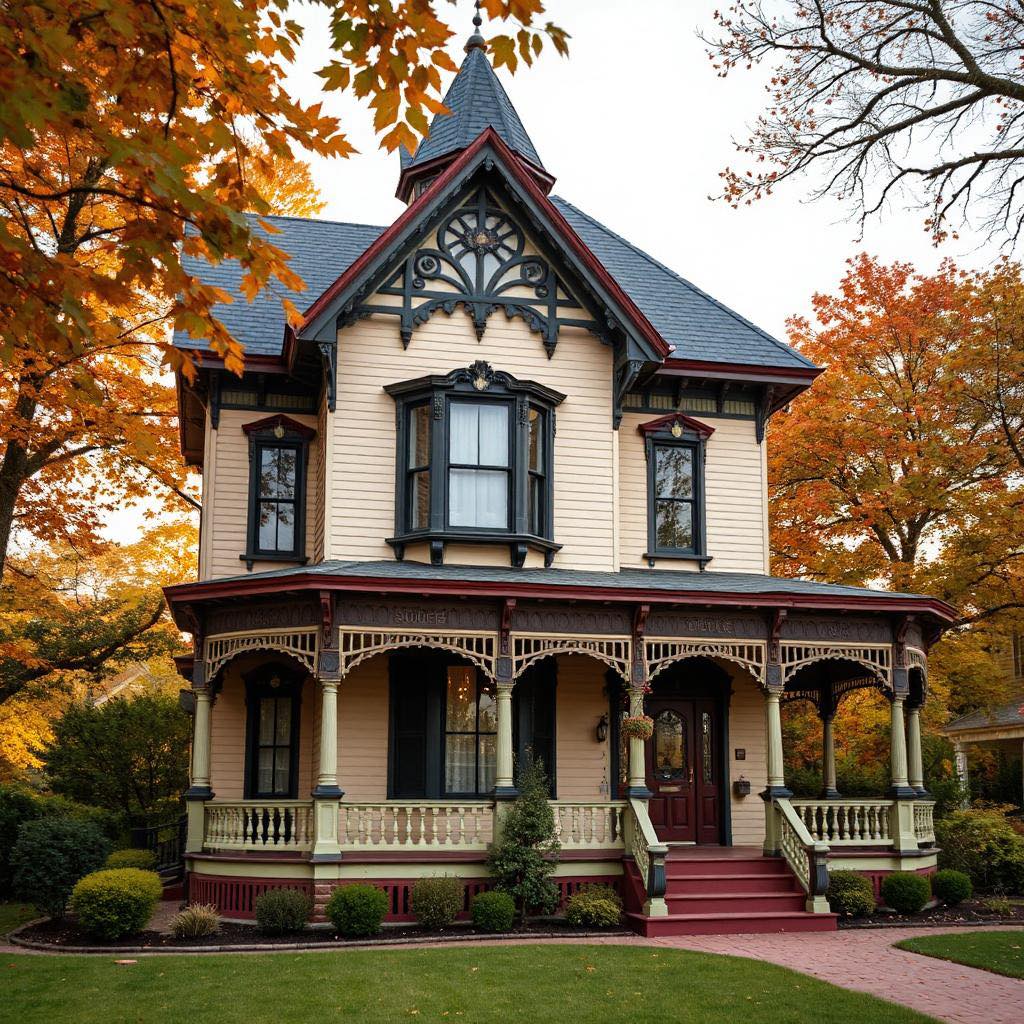 White Victorian house with dark trim, turret, and front porch in autumn setting