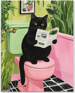 Black cat reading newspaper while sitting on pink toilet in bathroom with plants