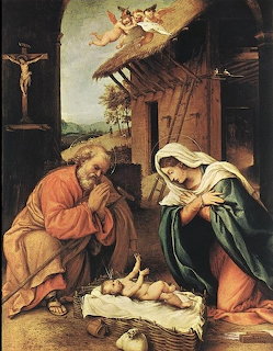 Renaissance painting of the Nativity with Mary and Joseph adoring baby Jesus in a stable