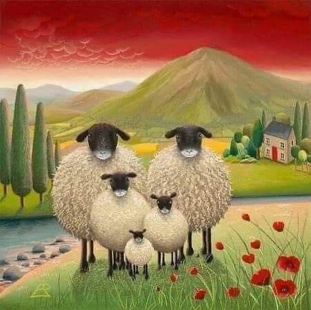 Three white sheep in a folk art landscape with red sky, green hills, cottage, and poppies