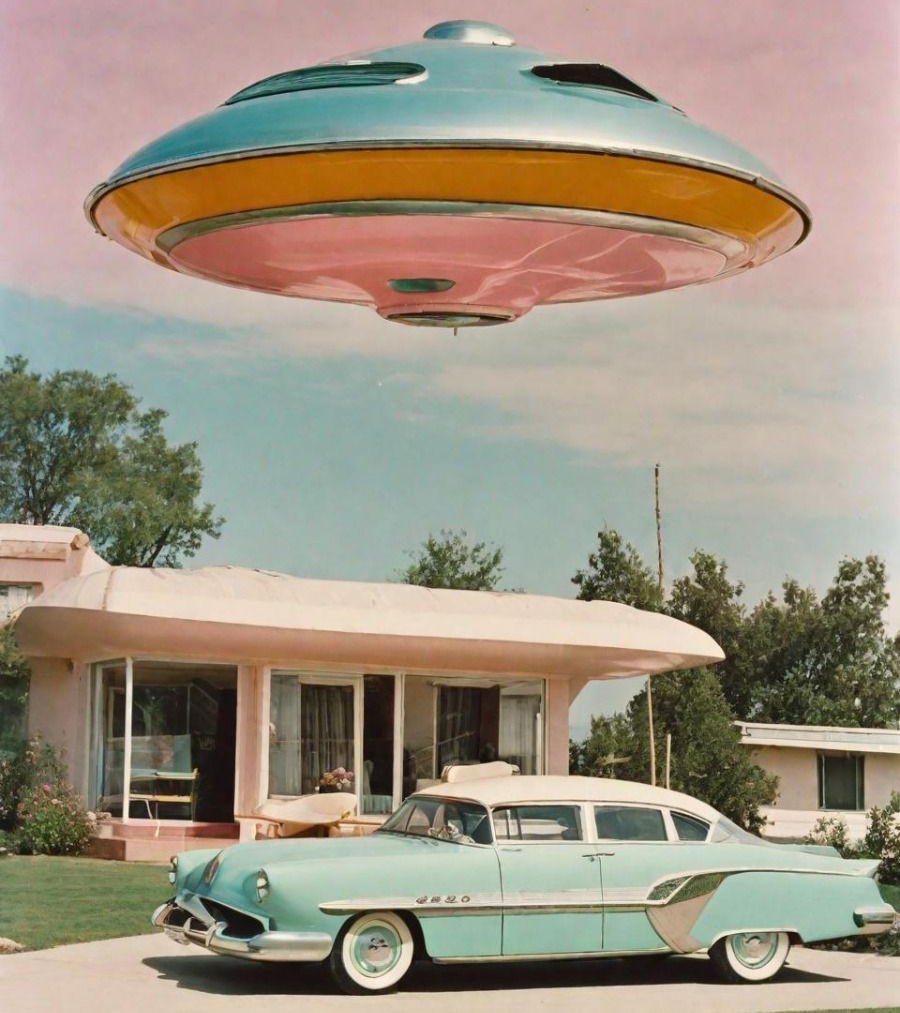 Retro illustration of a pastel UFO hovering over a mid-century home with a vintage turquoise car in the driveway