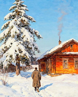 Person walking toward rustic log cabin in snowy winter scene with pine tree and blue sky