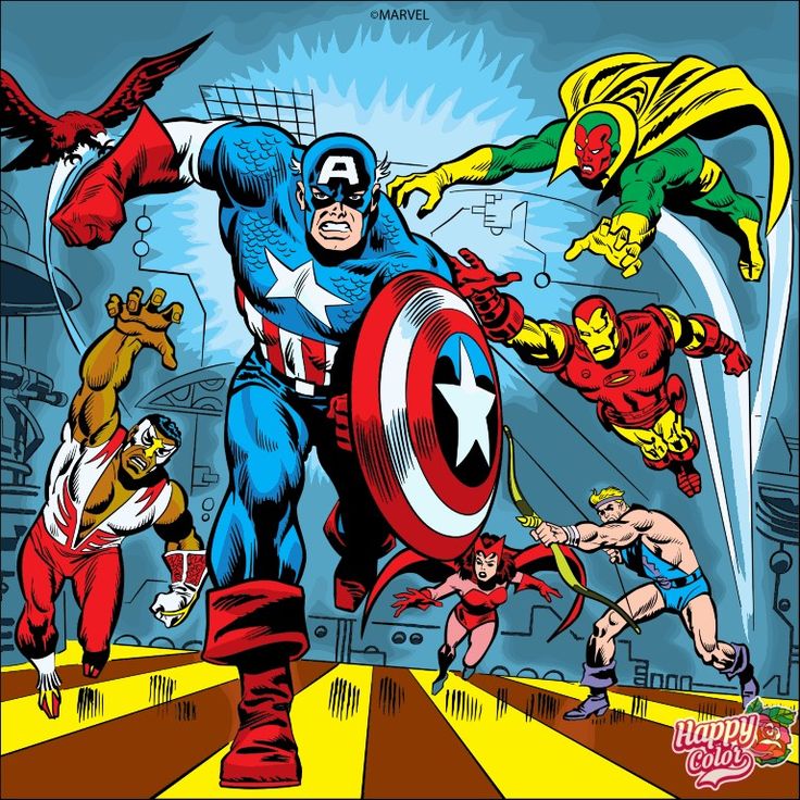 Comic-style Marvel superheroes in action, led by Captain America with shield, with Spider-Man, Iron Man, and Vision