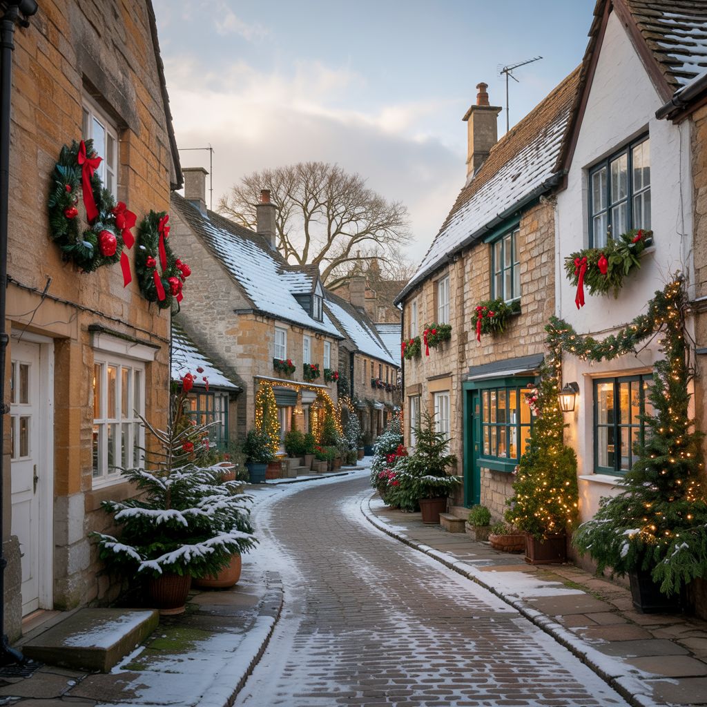 Picturesque Cotswold village street with Christmas decorations, snow-covered trees, and glowing lights at twilight