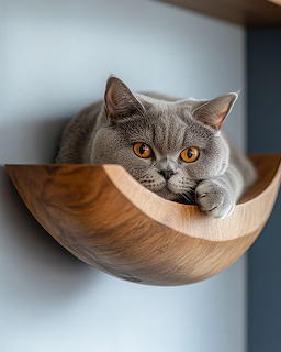 Gray cat resting in a curved wooden wall-mounted bed with amber eyes