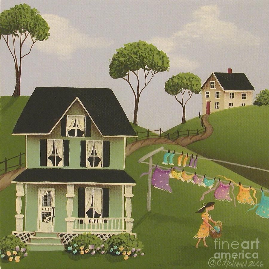 Illustrated cottage on a grassy hill with a clothesline, trees, and another house in the distance
