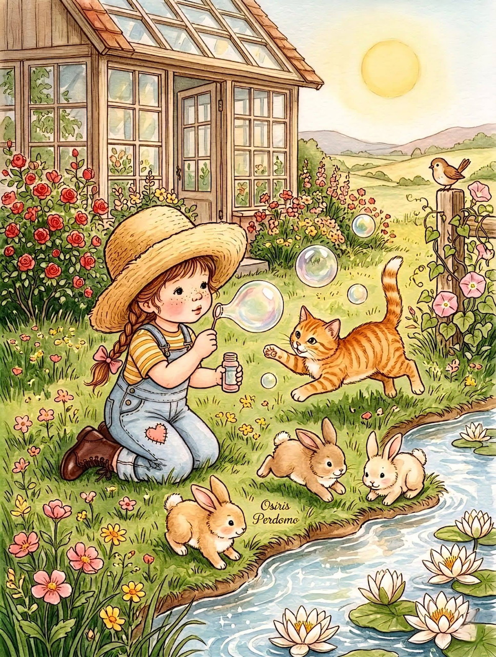 Girl in straw hat blowing bubbles by a stream with flowers and ducklings in pastoral countryside setting