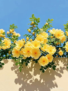 Yellow flowers and green leaves over a cream wall against a blue sky