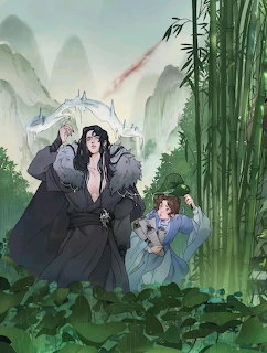 Anime characters in traditional robes sitting in a green bamboo forest with mountains behind