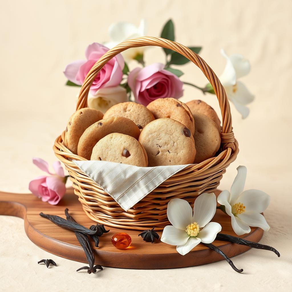 Wicker basket of round cookies with pink roses and white flowers on wooden board
