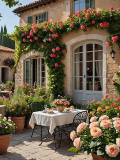 Stone patio with climbing roses, outdoor dining table, and Mediterranean garden with French doors