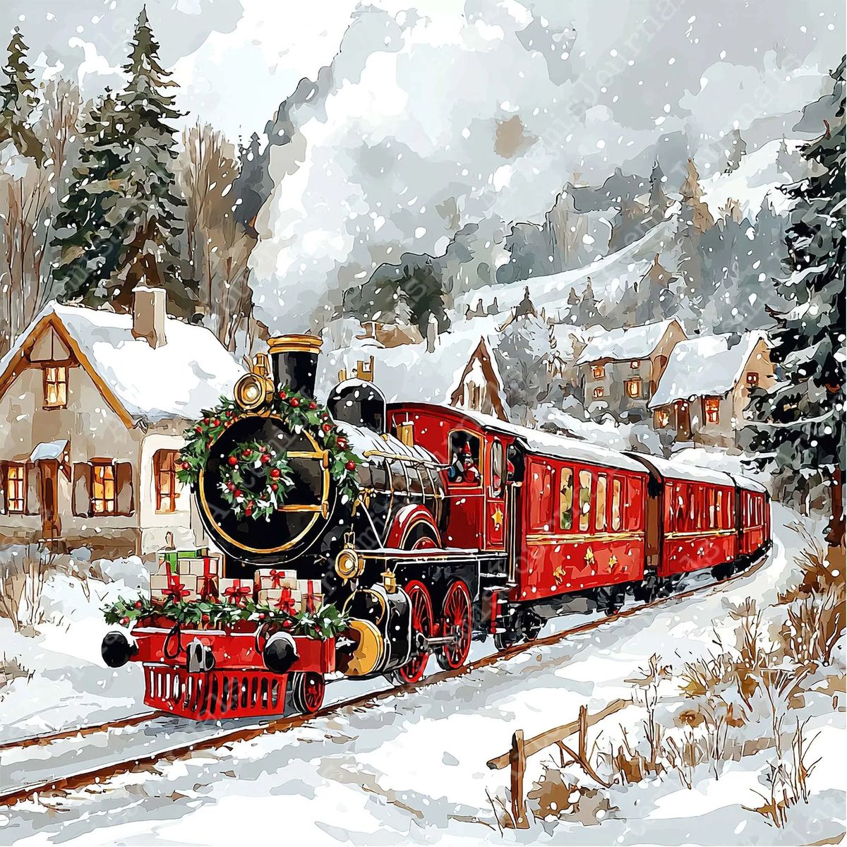 Red steam train traveling through snowy winter village with evergreen trees and houses