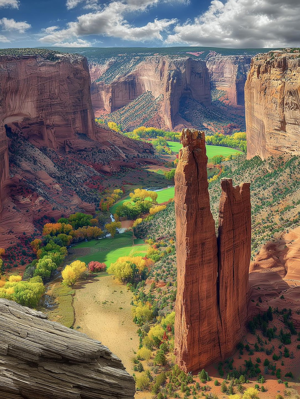 Aerial view of Canyon de Chelly with tall red rock spires and green valley floor in Arizona