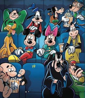 Group of classic cartoon characters sitting together in a theater or cinema audience