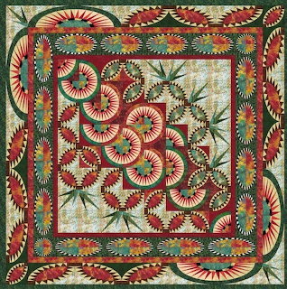 Handmade quilt with red circular New York Beauty blocks, green floral appliqué, and decorative pieced borders