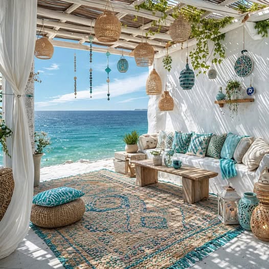 Open beach lounge with white drapes, wicker lamps, rustic seating, and a turquoise ocean view