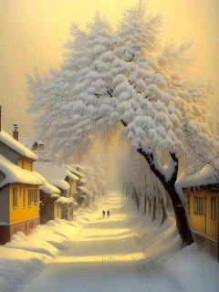 Snowy village street with frost-covered trees and yellow houses in warm winter light