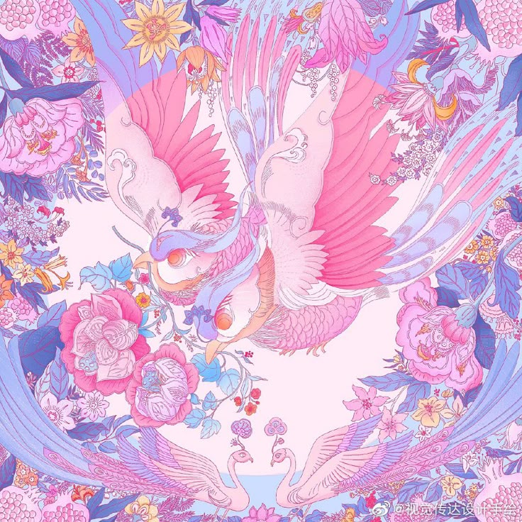 Detailed pastel illustration of pink birds with flowers and ornate swirling patterns