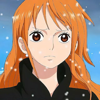 Anime close-up of Nami with orange hair and a black collar against a blue snowy background