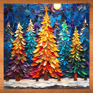 Textured oil painting of vibrant multicolored Christmas trees against a swirling blue night sky with snow