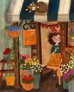 Illustrated flower shop with girl in doorway surrounded by colorful potted plants and flowers