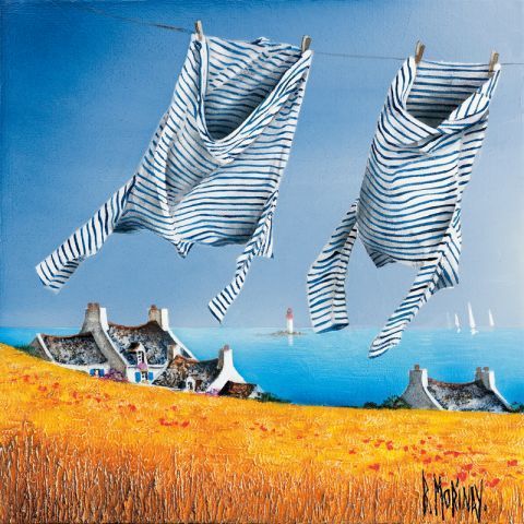 Painting of blue striped shirts on a clothesline over thatched cottages and golden coastal landscape