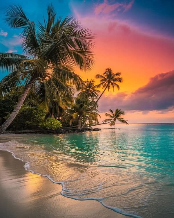 Tropical beach at sunset with palm trees leaning over turquoise water and colorful sky