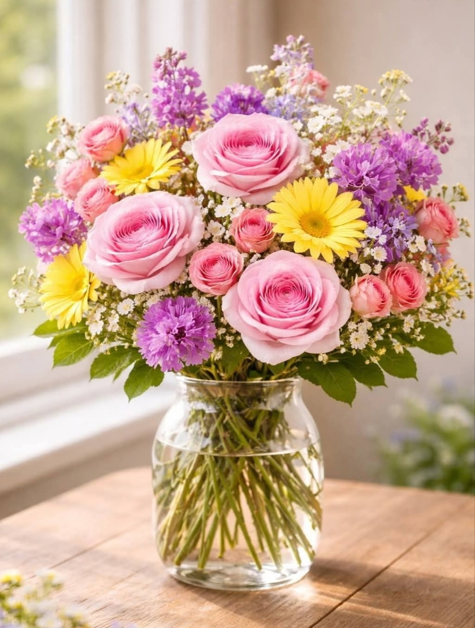 Colorful flower bouquet in a clear glass vase on a wooden table by a window