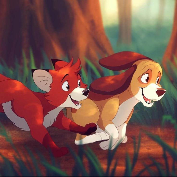 Cartoon red fox and brown puppy running together in a forest