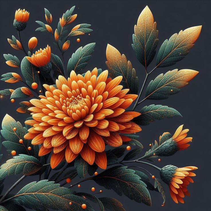 Orange chrysanthemum flower illustration with teal leaves on a dark background