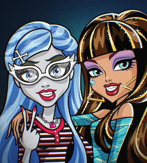 Cartoon portrait of two fashionable girls, one with blue hair and glasses, the other with dark hair and gold streaks.