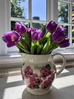Purple Tulips in Floral Jug