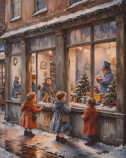 Victorian children looking at a Christmas shop window display on a snowy street