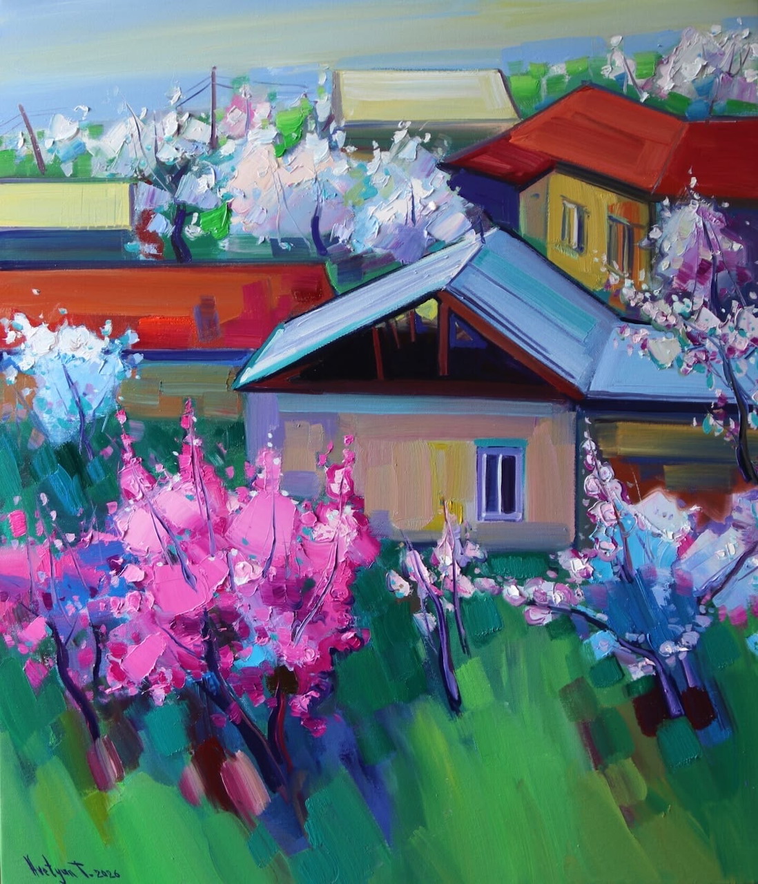 Colorful painting of village houses among pink and white blossoming trees