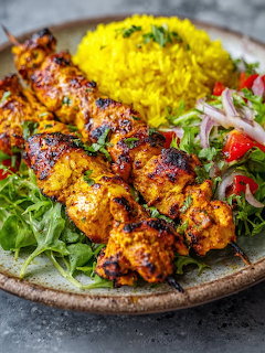 Grilled chicken skewers served with yellow rice and fresh salad on a plate