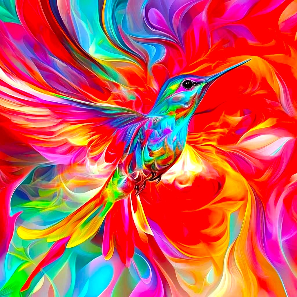 Colorful abstract hummingbird with flowing rainbow wings against swirling vibrant background