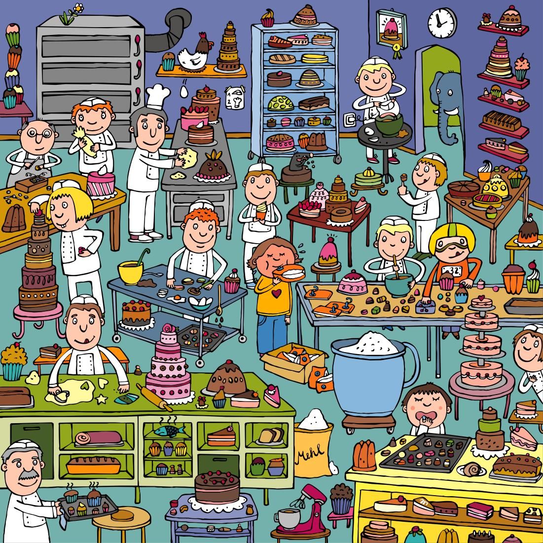 Cartoon bakery kitchen full of bakers, cakes, pastries, and dessert displays