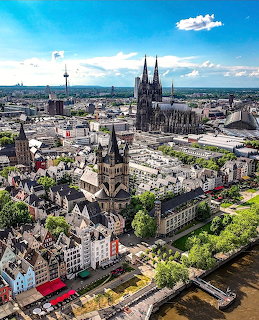 Aerial view of Cologne Cathedral and historic city center with Rhine River